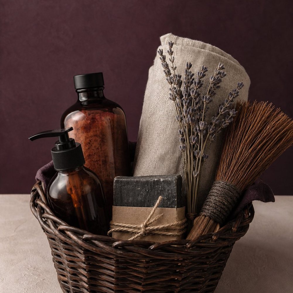 Dark willow basket holding amber glass bottles of bath soak, a paper-wrapped charcoal soap bar, a rolled linen towel and dried lavender.
