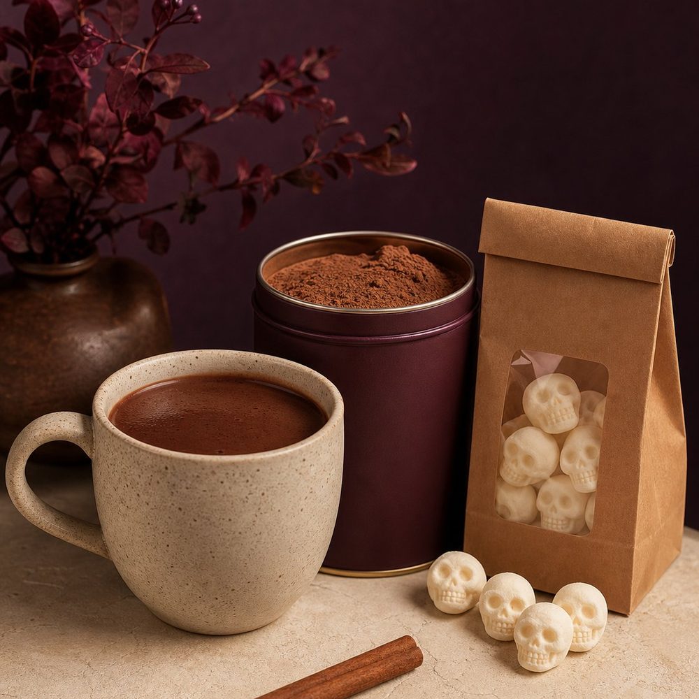 Speckled cream mug of dark sipping chocolate beside a cocoa tin, a paper bag of skull-shaped marshmallows and a cinnamon stick.