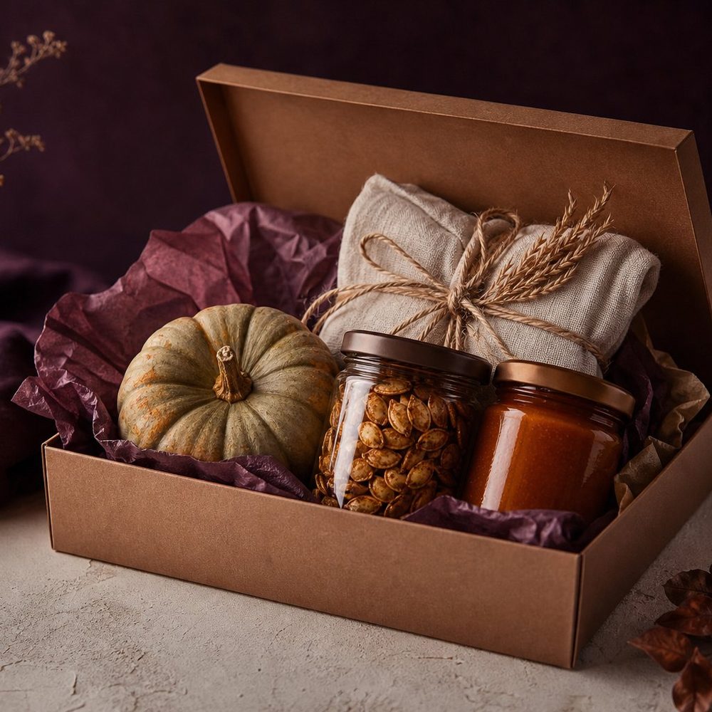 Kraft gift box lined with tissue, holding a pale green heirloom pumpkin, a jar of spiced pumpkin seeds and a jar of pumpkin butter.