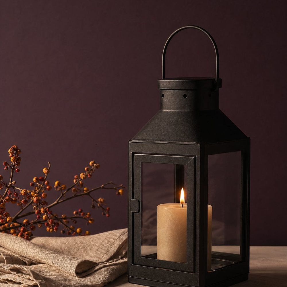 Matte black metal candle lantern with a lit pillar candle, next to a folded oatmeal linen towel and a sprig of dried bittersweet.