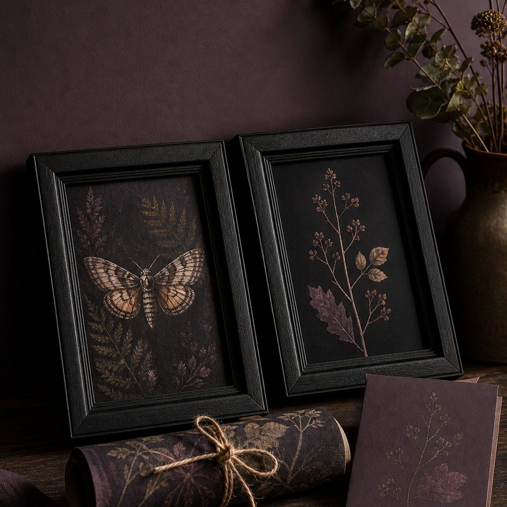 Two small black wooden frames leaning against an aubergine wall, showing moody illustrations of a moth and a dried branch, with a rolled print tied in twine.