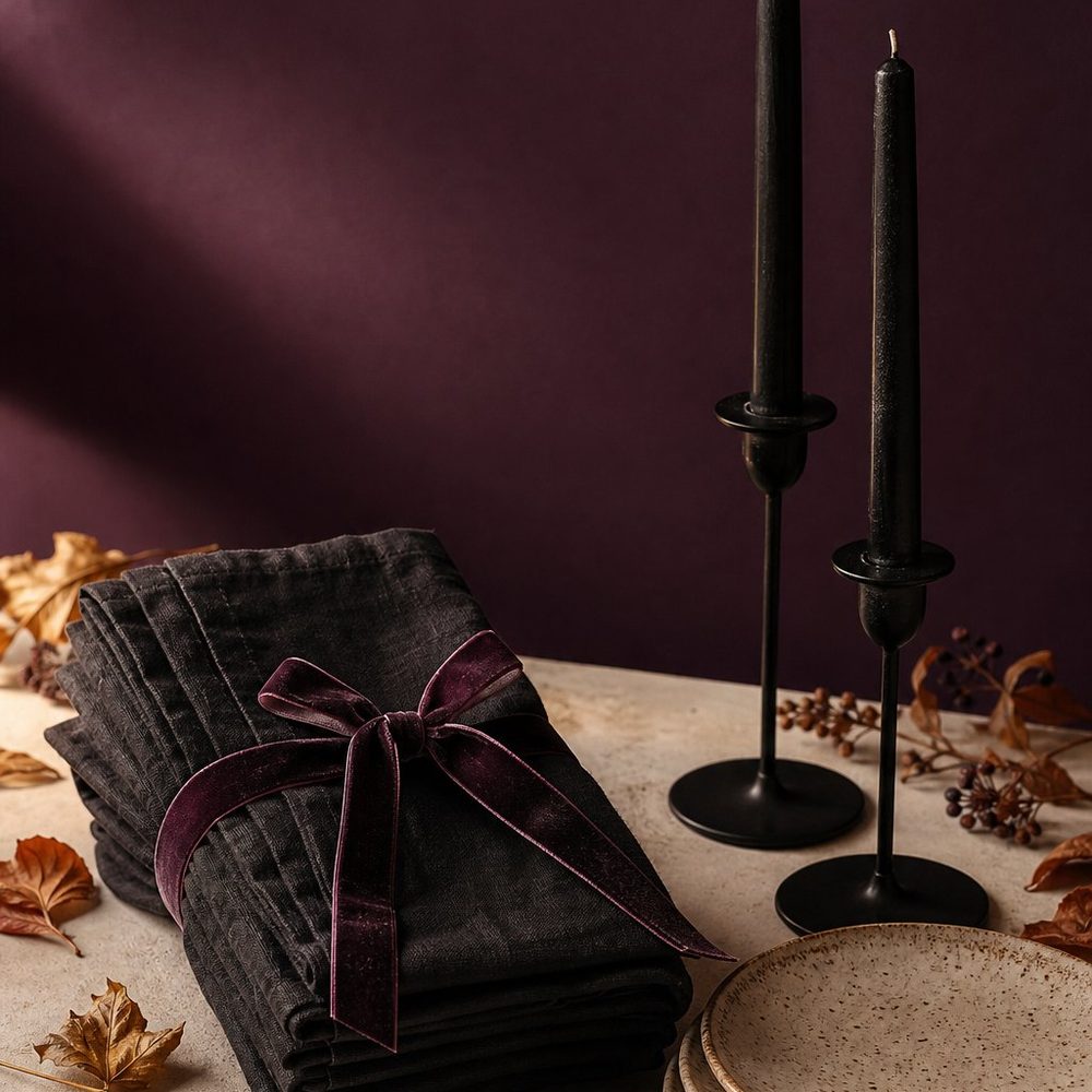Charcoal linen napkins tied with plum velvet ribbon beside two black taper candles in iron holders and small speckled stoneware plates.