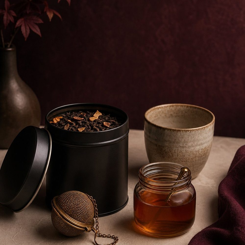 Matte black tea tin open to show dark leaves and dried orange peel, with a brass infuser and small jar of honey on a plaster surface.